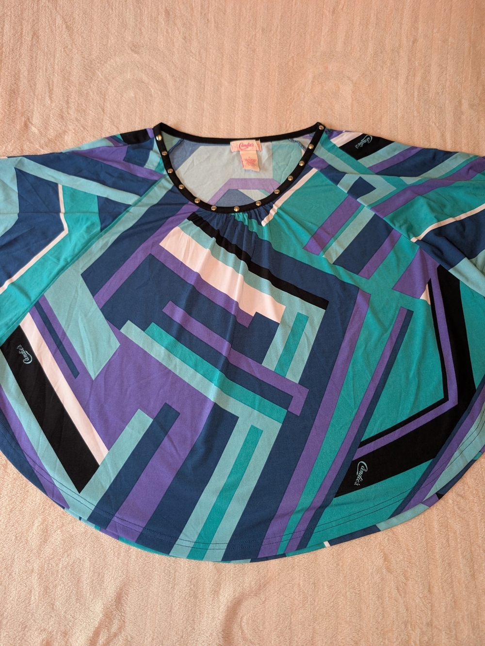 Candie's Geometric Flutter Sleeve Top - Teal, Purple & Navy